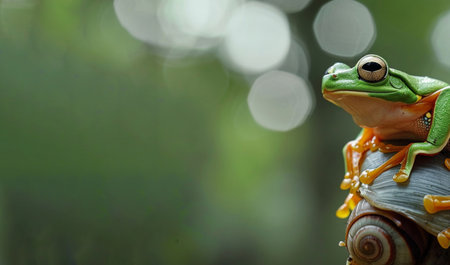 Tree frog, flying frog on a snail, Frog riding snail Frogの素材