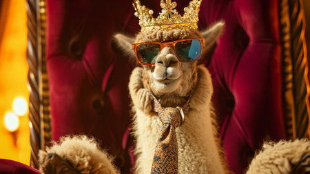 alpaca wearing tie with crown and sunglasses sitting on a throneの素材