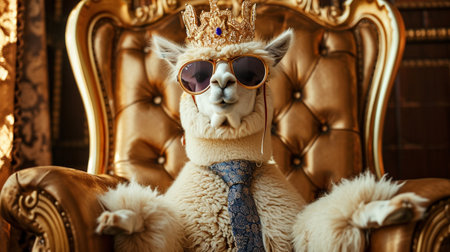 alpaca wearing tie with crown and sunglasses sitting on a throneの素材