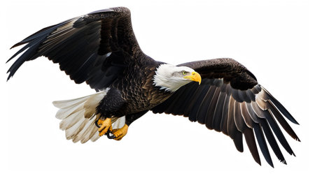 Bald eagle flying swoop hand draw and paint color on white backgroundの素材