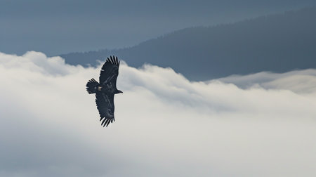 A bald eagle soaring majestically through the air. Eagle in flight above the cloudsの素材