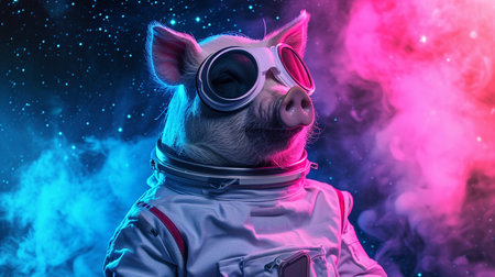 Cute space pig dressed in astronaut suit with sunglasses in Magical Galaxy Starの素材