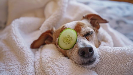 dog relaxed from spa procedures with cucumber on eye, covered with a towelの素材