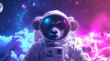 Cute space Sheep dressed in astronaut suit with sunglasses in Magical Galaxy Starの素材