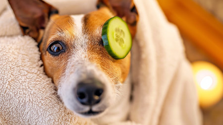 dog relaxed from spa procedures with cucumber on eye, covered with a towelの素材