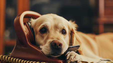 dog on the phone. dog as secretary or operator with old dial telephoneの素材