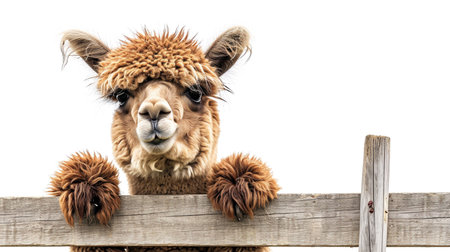 Funny alpaca hanging on a fence. Isolated on white background. fawn alpaca Lama pacosの素材