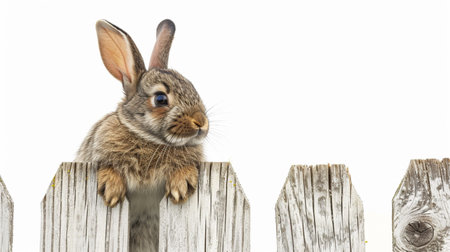 Funny bunny hanging on a fence. Isolated on white background. Lovely bunny easter fluffy rabbitの素材