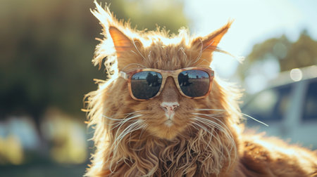 funny Cow portrait in sunglasses. long hair catの素材