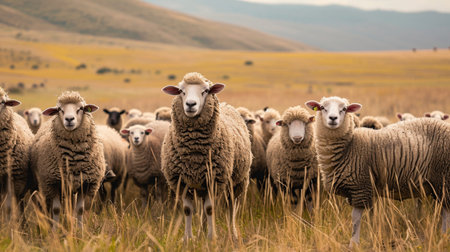 Herd of sheep. Flock of Staring Sheepの素材