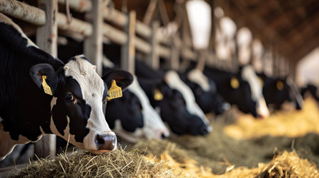 Group of cows at cowshed eating hay or fodder on dairy farmの素材