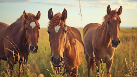 Group of three young horses on the pastureの素材