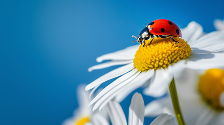 Beautiful ladybug on daisy flower on blue sky background. Macro bugs and insects worldの素材