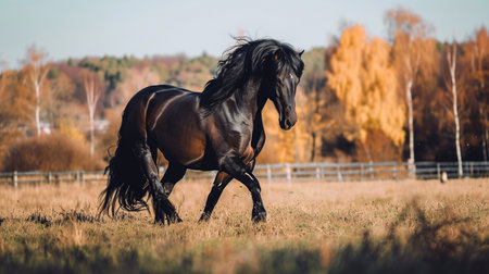 beautiful black horse playing on the fieldの素材