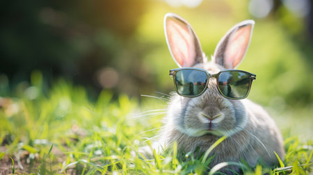 bunny portrait in sunglasses in the parkの素材