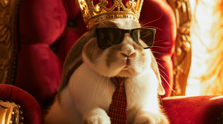 bunny wearing tie with crown and sunglasses sitting on a throne, closeupの素材