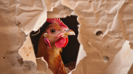 chicken looking up in pastel color paper side torn hole isolatedの素材