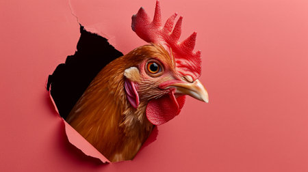 chicken looking up in pastel color paper side torn hole isolatedの素材