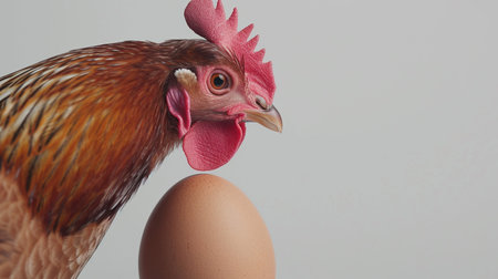 Brown chicken with eggs isolated backgroundの素材