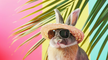bunny with sunglasses and hat under palm leaf on pastel summer backgroundの素材