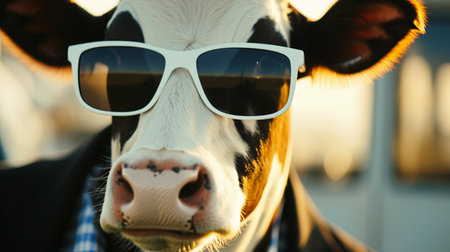 Cow wearing sunglasses and a suit with a tieの素材
