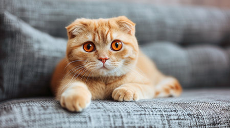 Cute red scottish fold cat with orange eyes lying on grey textile sofa at homeの素材