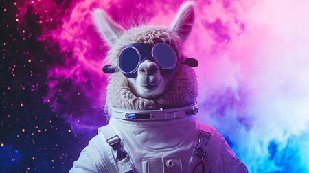 Cute space alpaca dressed in astronaut suit with sunglasses in Pink and Blue Magical Galaxy Starの素材