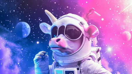 Cute space Cow dressed in astronaut suit with sunglasses in Pink and Blue Magical Galaxy Starの素材