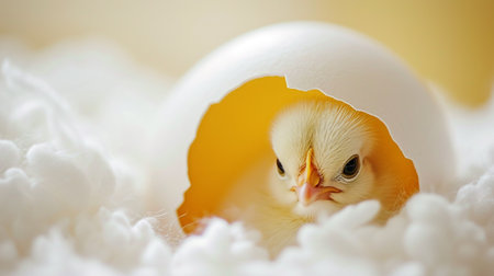 Cute little chicken coming out of a white eggの素材