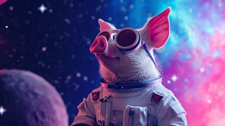 Cute space pig dressed in astronaut suit with sunglasses in Pink and Blue Magicalの素材