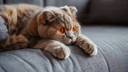 Cute red scottish fold cat with orange eyes lying on grey textile sofa at homeの素材