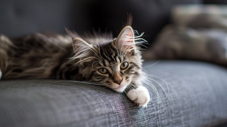 Beautiful little cat on a grey sofaの素材