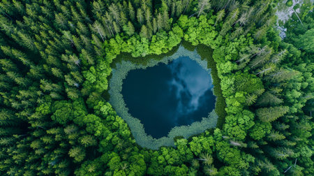 clean lake in a shape of lungs in the middle of virgin forest