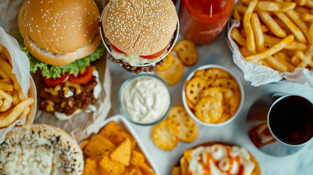 close up of fast food snacks and drink on tableの素材