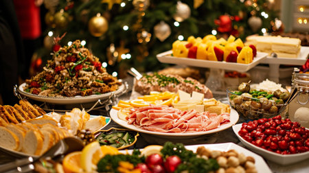 Christmas Dinner table full of dishes with food and snacksの素材