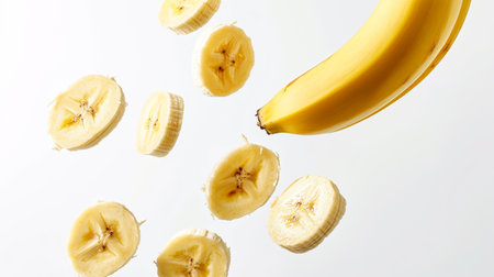 Flying banana circle slices, isolated on white backgroundの素材