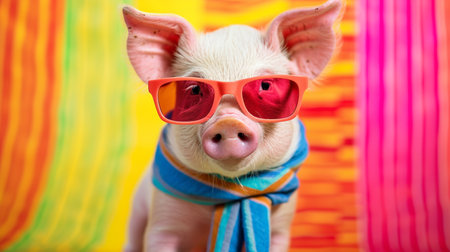 Beautiful pig sunglasses and scarf in studio with a colorful and bright backgroundの素材