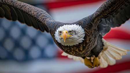 patriotic eagle taking wing in front of US flagの素材