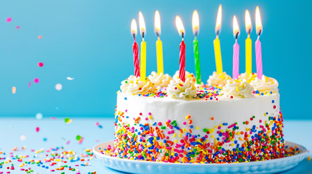 Birthday cake decorated with colorful sprinkles and ten candlesの素材