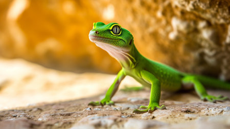 Green gecko in front of wall. giant day gecko view from up highの素材