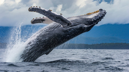 Humpback whale jumping out of the waterの素材