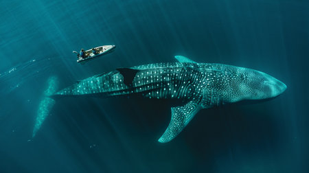 Man in a boat floats next to a big fish, whaleの素材