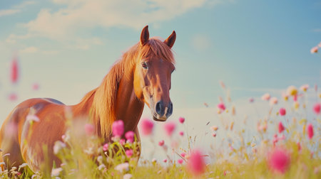 Beautiful red horse with long mane in flower field against skyの素材
