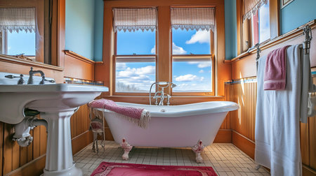 Turn of the century craftsman house bathroom interior clawfoot bathtub pedestal sink windowの素材