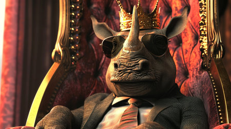 Rhinoceros wearing tie with crown and sunglasses sitting on a throne, closeupの素材