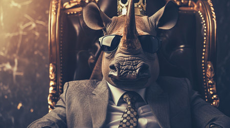 Rhinoceros wearing tie with crown and sunglasses sitting on a throne, closeupの素材
