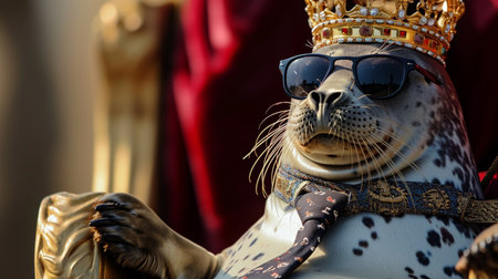 seal wearing tie with crown and sunglasses sitting on a throne, closeupの素材