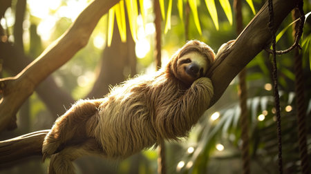A slow moving sloth with fur that reflects sunlight, creating a warm and comforting glowの素材
