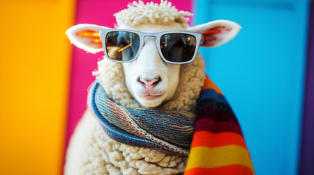 Sheep sunglasses and scarf in studio with a colorful and bright backgroundの素材