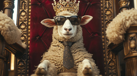 Sheep wearing tie with crown and sunglasses sitting on a throne, closeupの素材